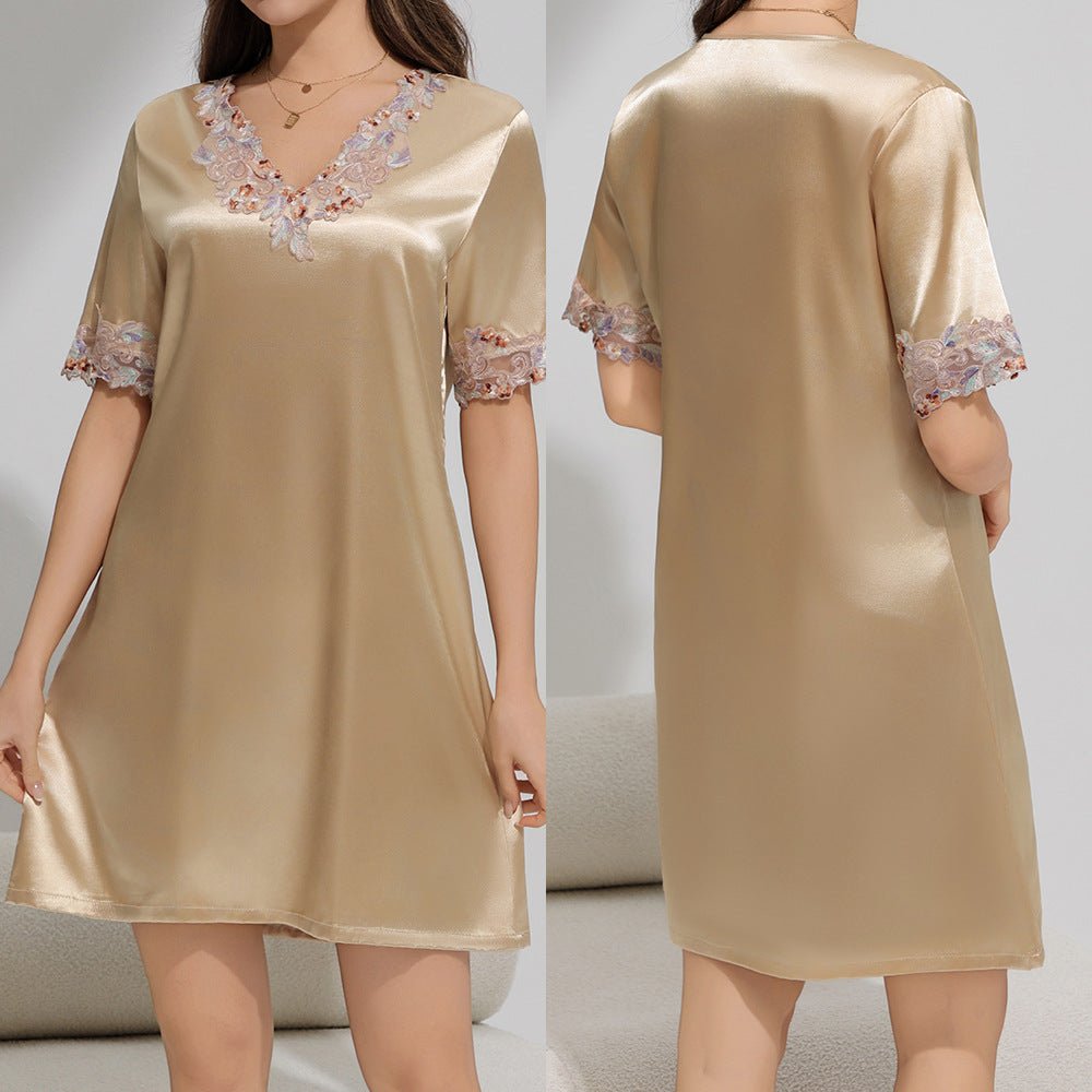 short-sleeved nightdress solid-color pajamas women's summer lace thin ice silk loungewear SQ22136