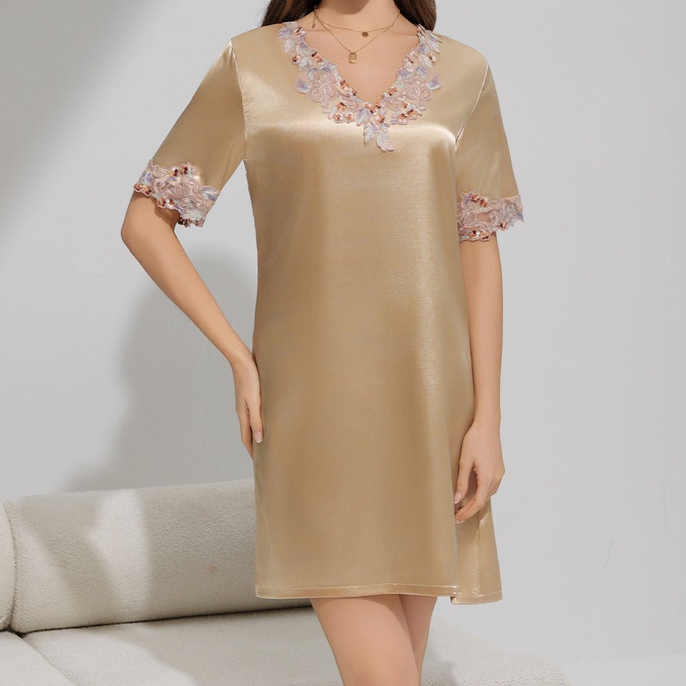 short-sleeved nightdress solid-color pajamas women's summer lace thin ice silk loungewear SQ22136