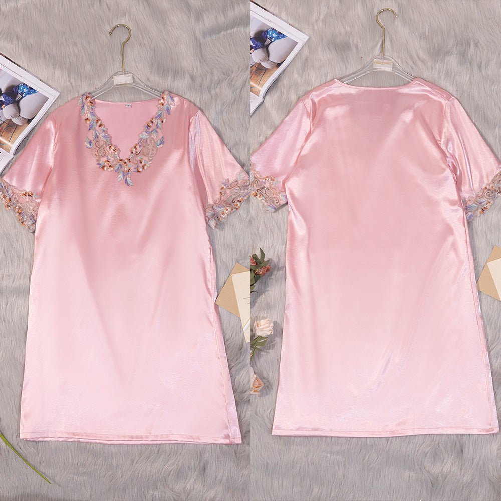 short-sleeved nightdress solid-color pajamas women's summer lace thin ice silk loungewear SQ22136