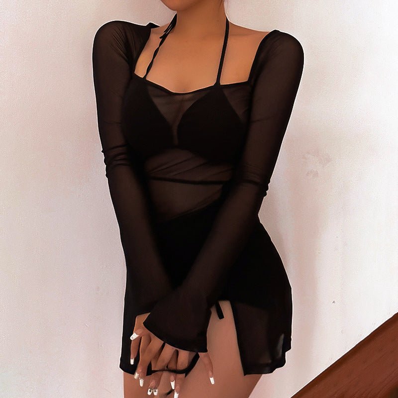 Spring new style pure color mesh long sleeve slit short dress