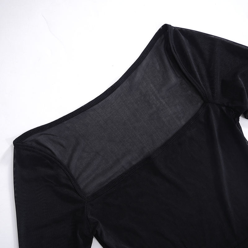 Spring new style pure color mesh long sleeve slit short dress