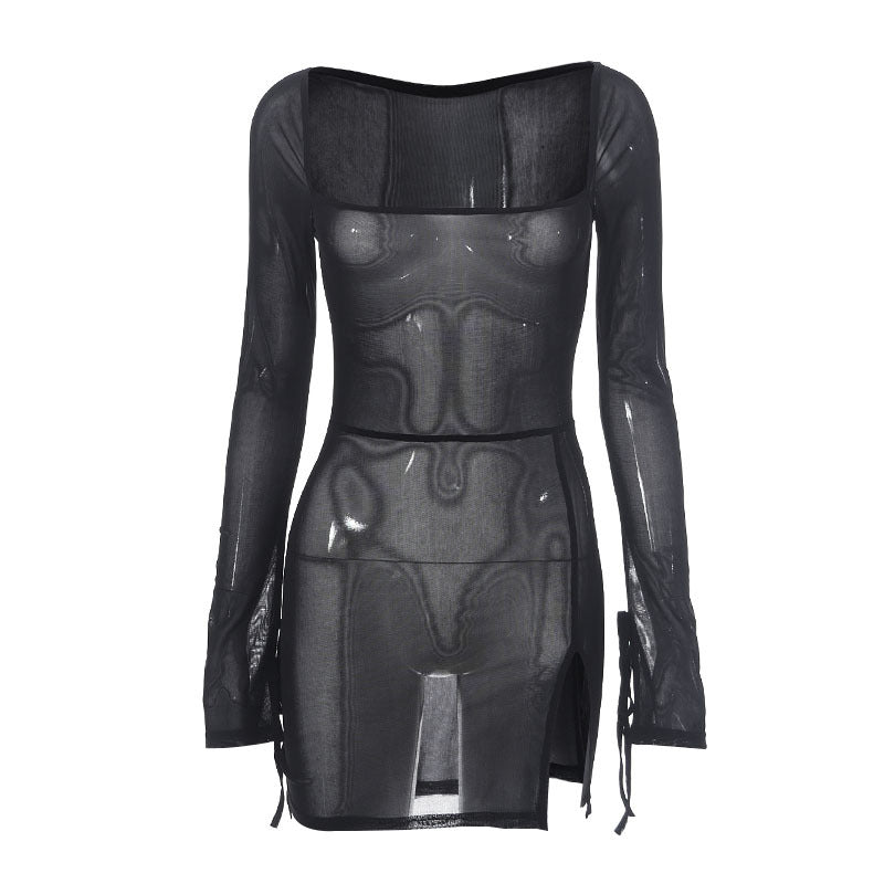 Spring new style pure color mesh long sleeve slit short dress