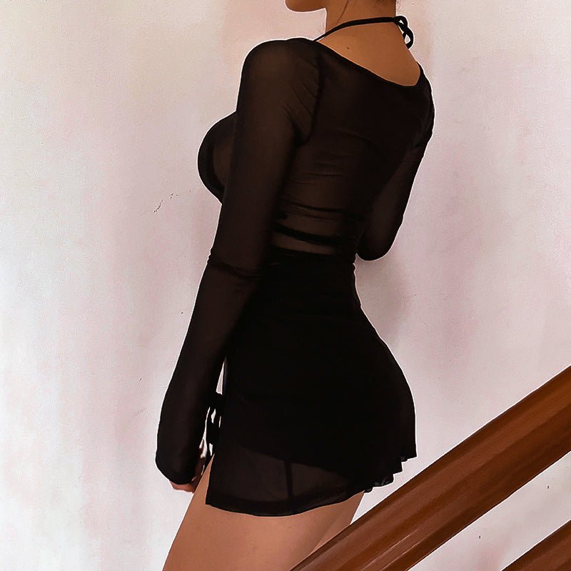 Spring new style pure color mesh long sleeve slit short dress