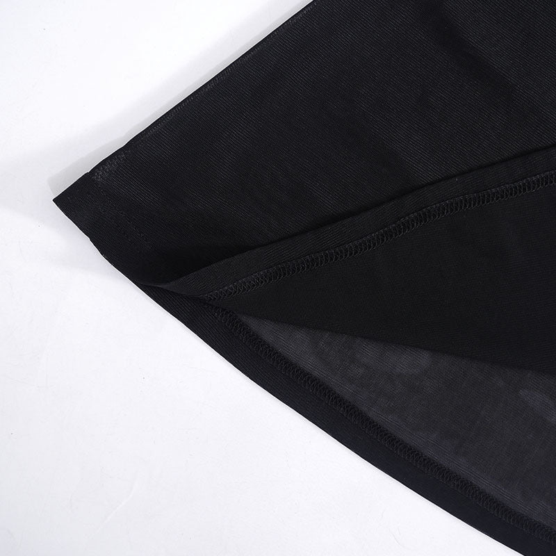 Spring new style pure color mesh long sleeve slit short dress