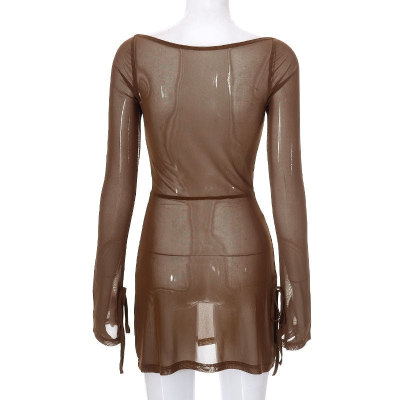 Spring new style pure color mesh long sleeve slit short dress