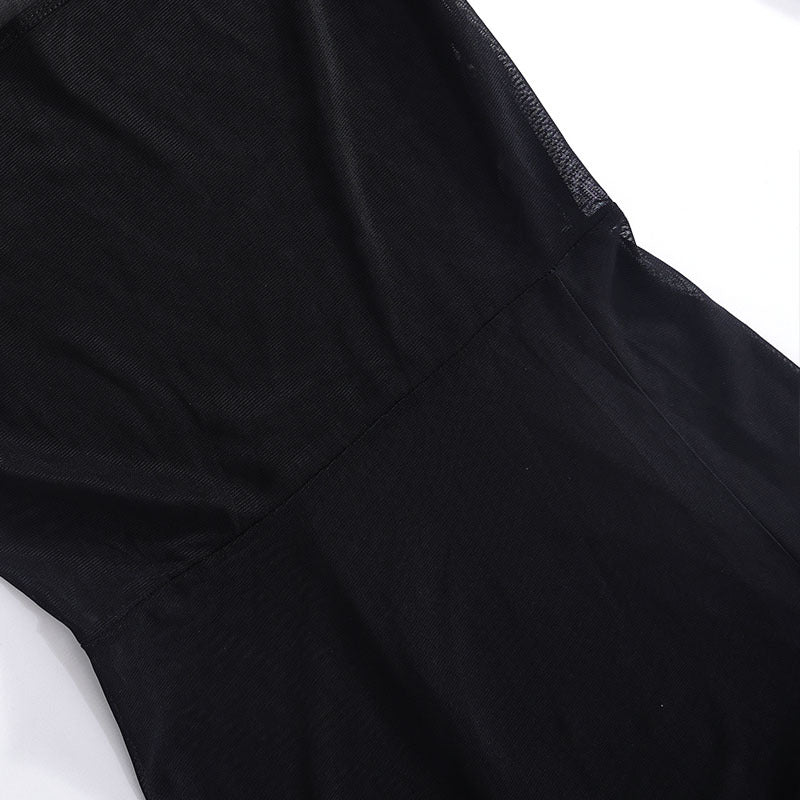 Spring new style pure color mesh long sleeve slit short dress