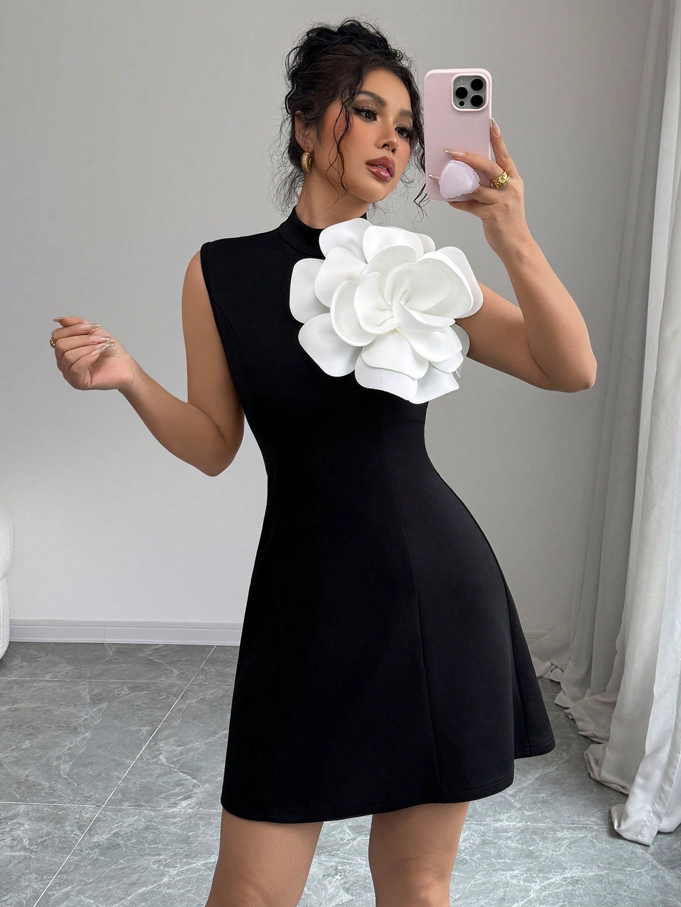 Stand Collar Waist-Cinched Fitted A-Line Mini Dress With Floral Applique, Elegant For Holiday, Commute & Vacation, Contrast Color