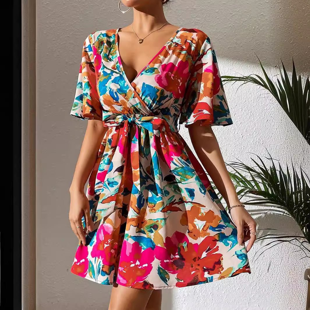 Flower print cross-neck belt dress