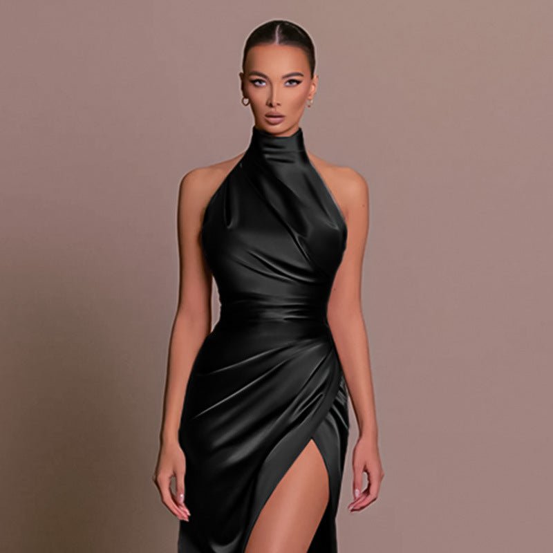 Summer new style stand collar long dress European and American style halter neck sleeveless slit slim dress