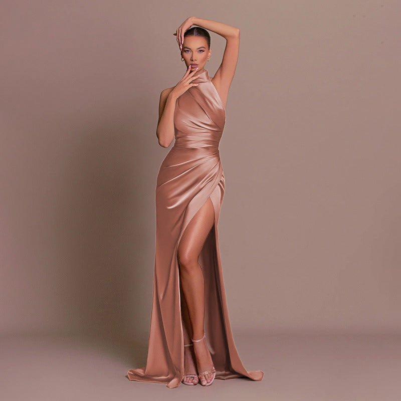 Summer new style stand collar long dress European and American style halter neck sleeveless slit slim dress
