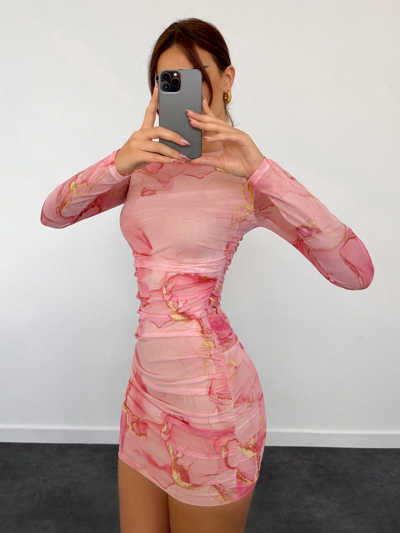 Women's New Romantic Date Night Ombre Print Mesh Bodycon Long Sleeve Mini Dress