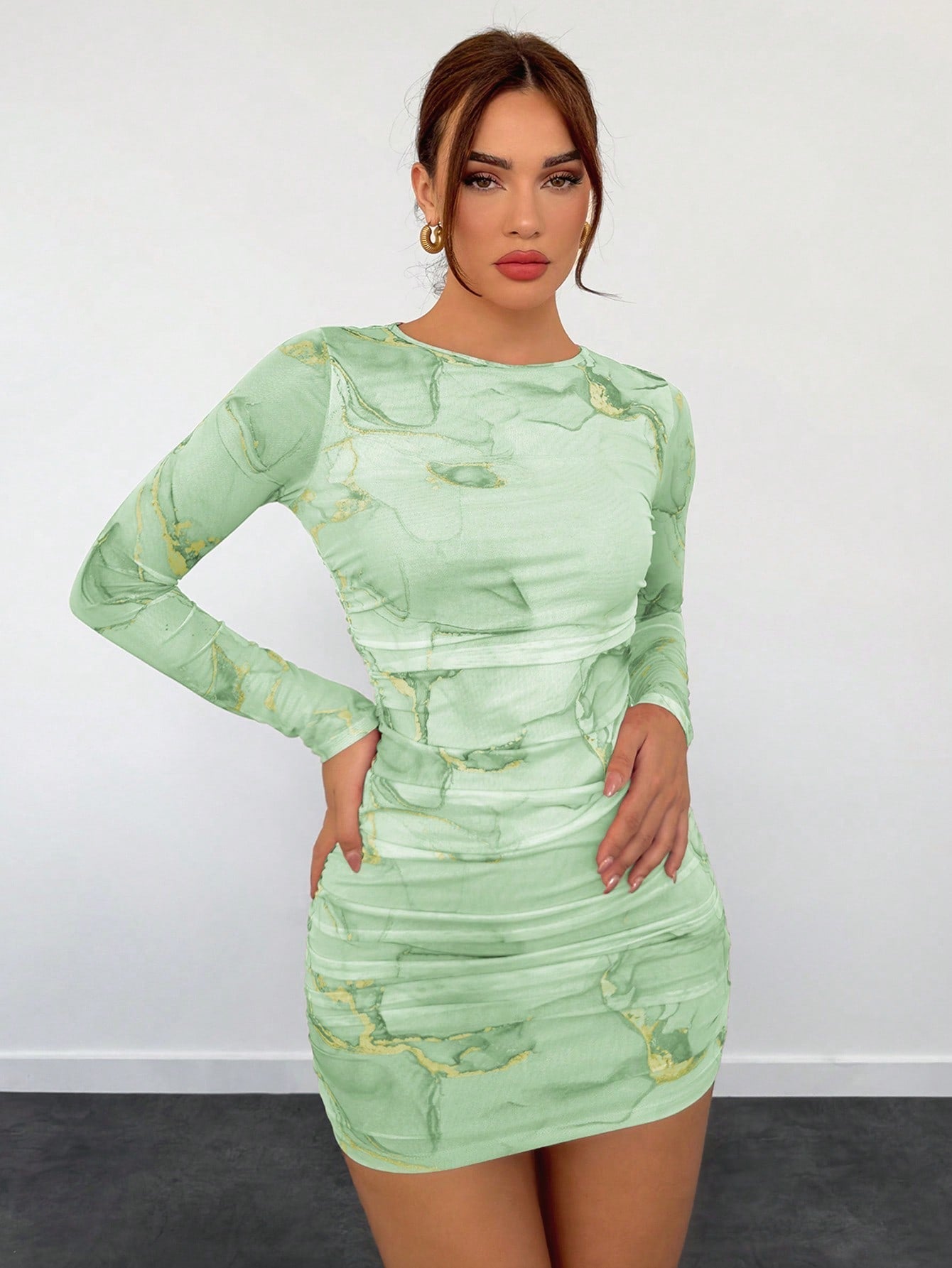 Women's New Romantic Date Night Ombre Print Mesh Bodycon Long Sleeve Mini Dress