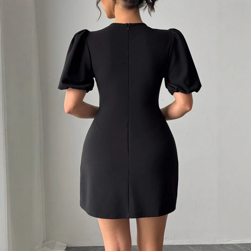 Women's round neck hollow crystal bow bubble sleeve waist dress