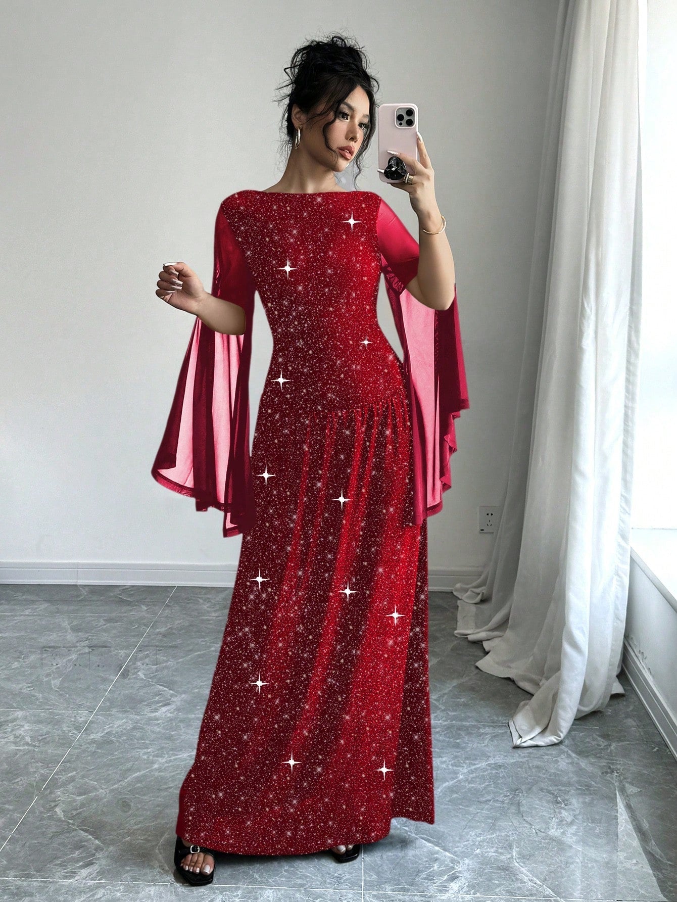 Women's Round Neck Mesh Slit Long Sleeve Casual Elegant Party Sparkle Dress Maxi Women Outfit