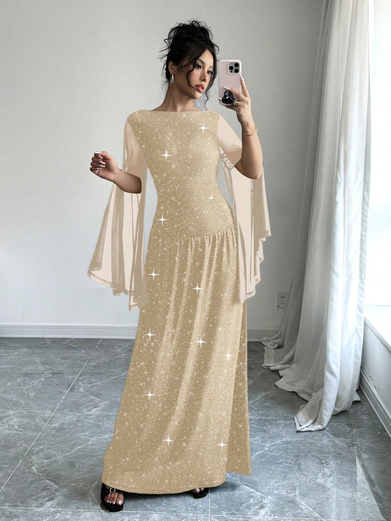 Women's Round Neck Mesh Slit Long Sleeve Casual Elegant Party Sparkle Dress Maxi Women Outfit