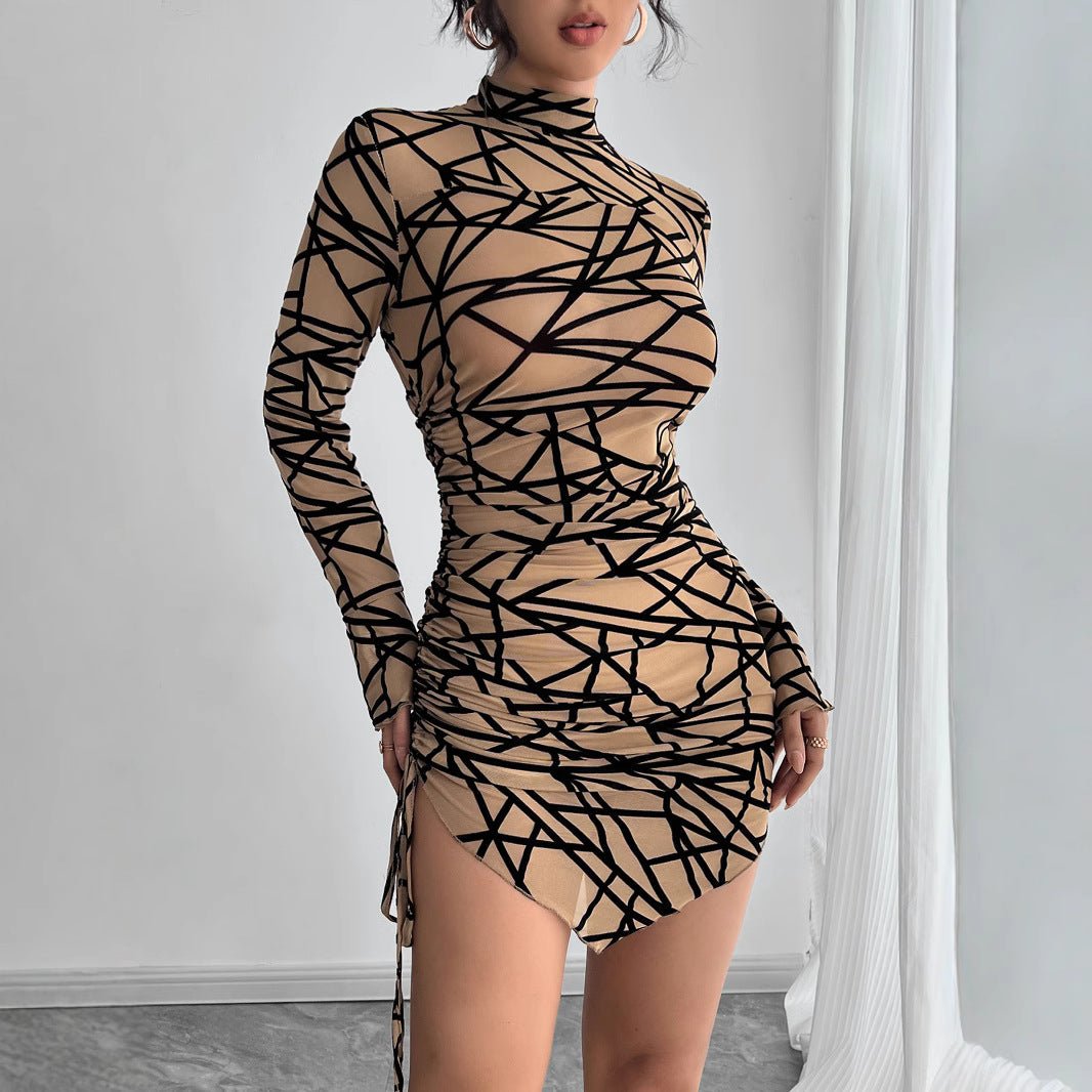 Women's slim-fit side drawstring small stand-up collar long-sleeved irregular short dress