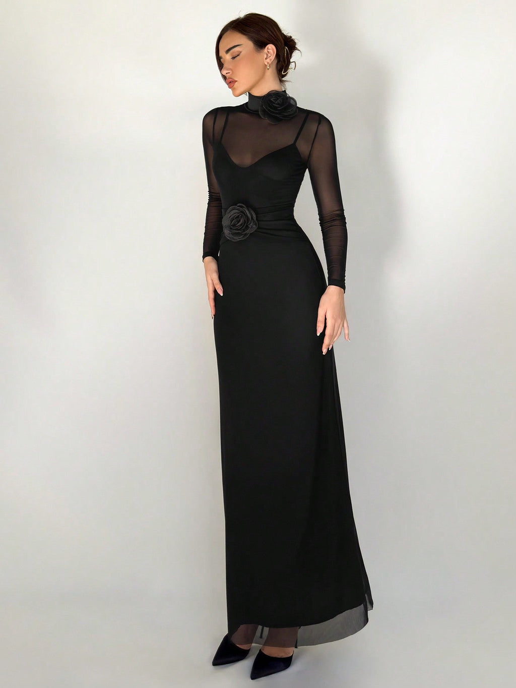 1pc Black Mesh Floral 3D Applique Long Sleeve Bodycon Dress For Women