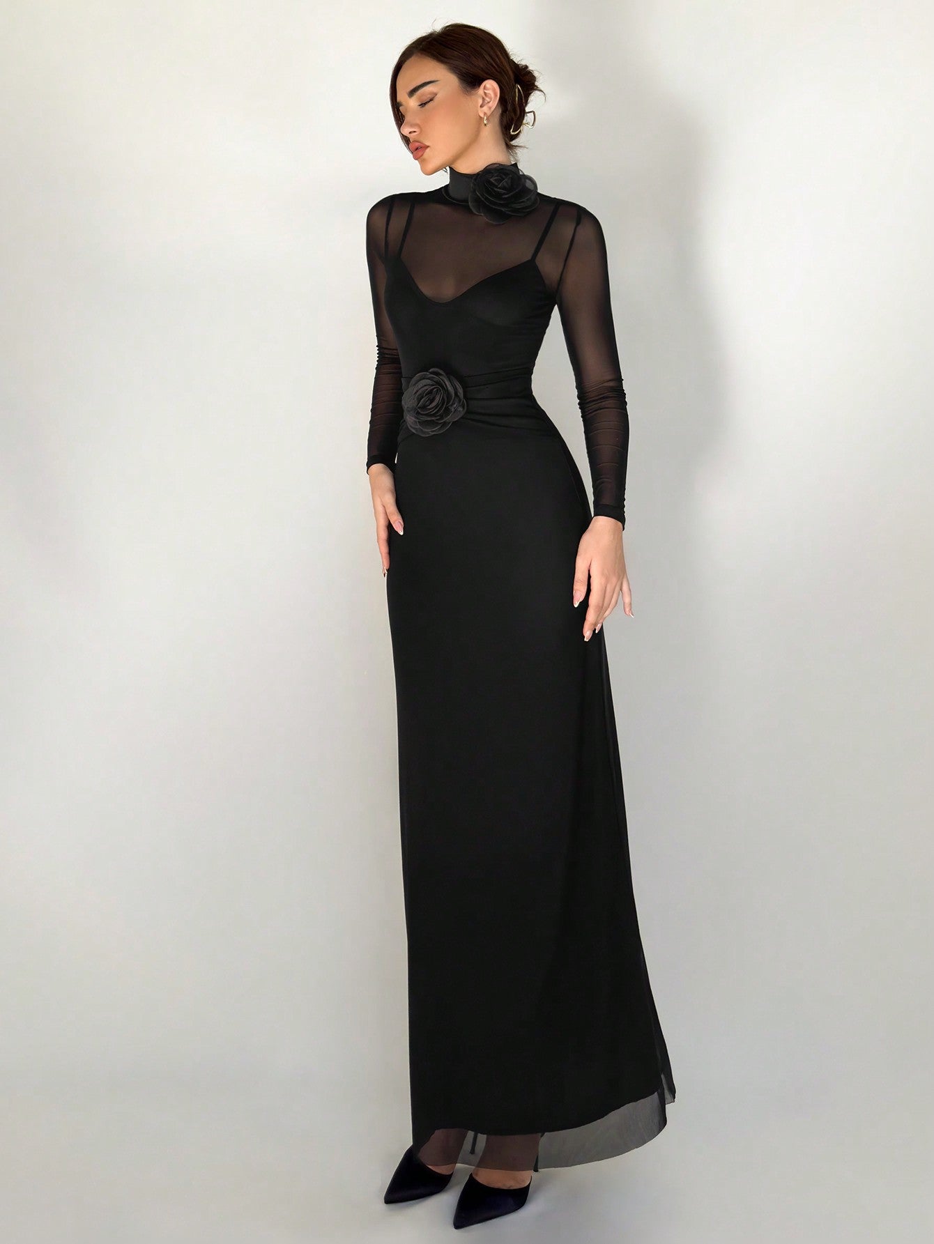 1pc Black Mesh Floral 3D Applique Long Sleeve Bodycon Dress For Women