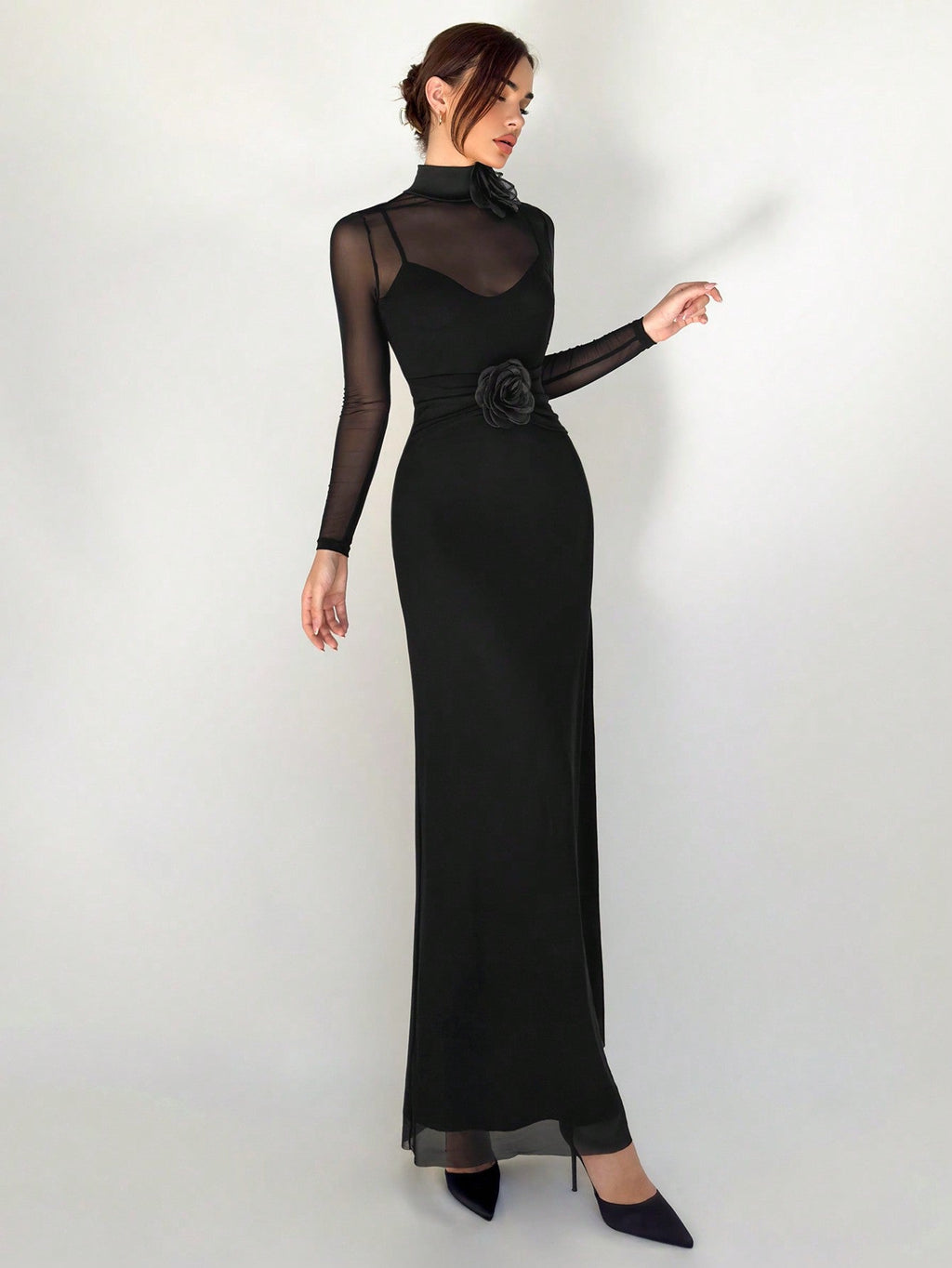 1pc Black Mesh Floral 3D Applique Long Sleeve Bodycon Dress For Women