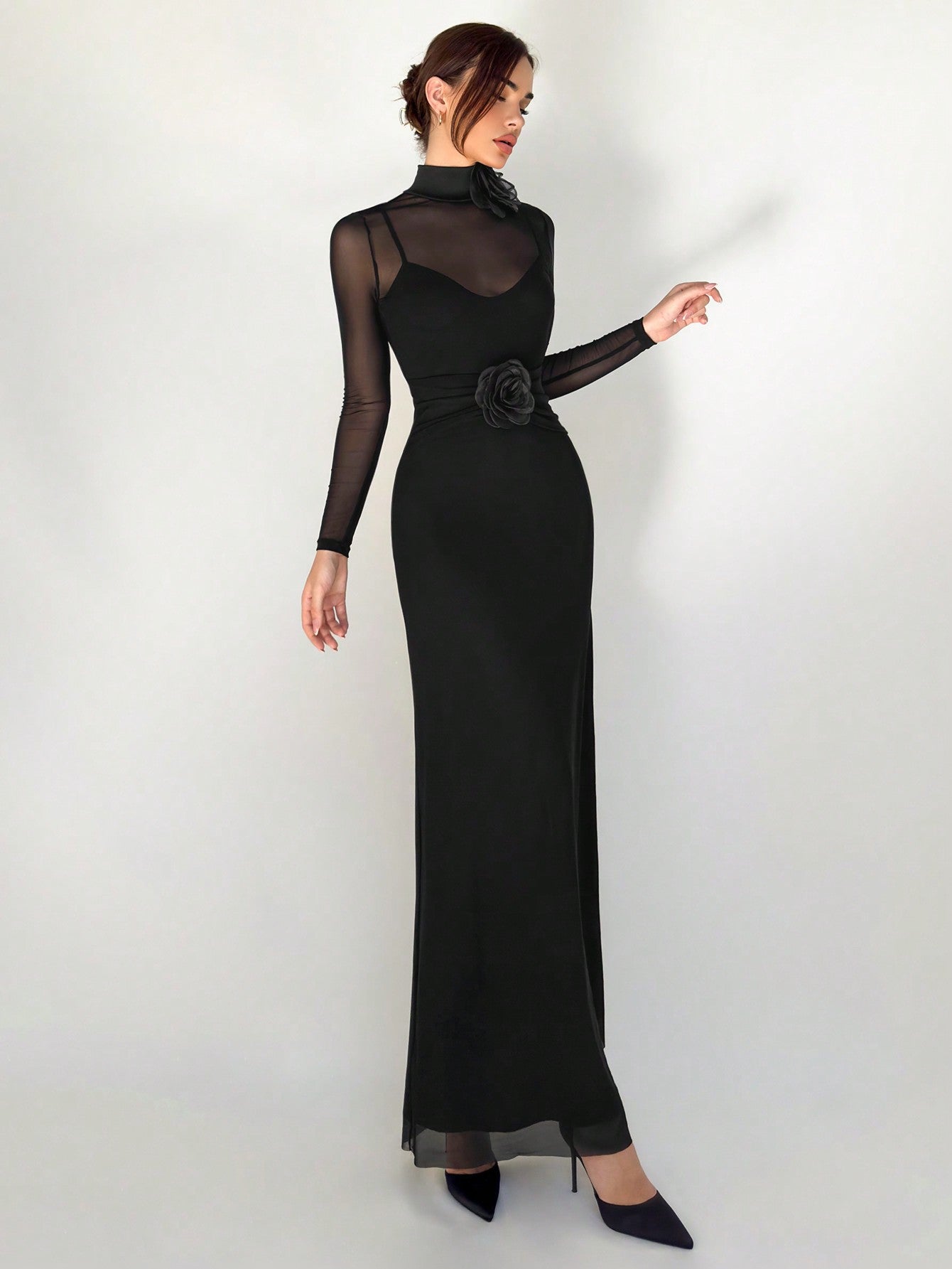 1pc Black Mesh Floral 3D Applique Long Sleeve Bodycon Dress For Women