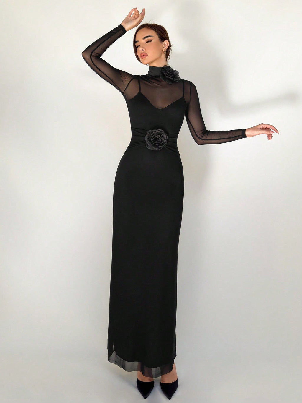 1pc Black Mesh Floral 3D Applique Long Sleeve Bodycon Dress For Women