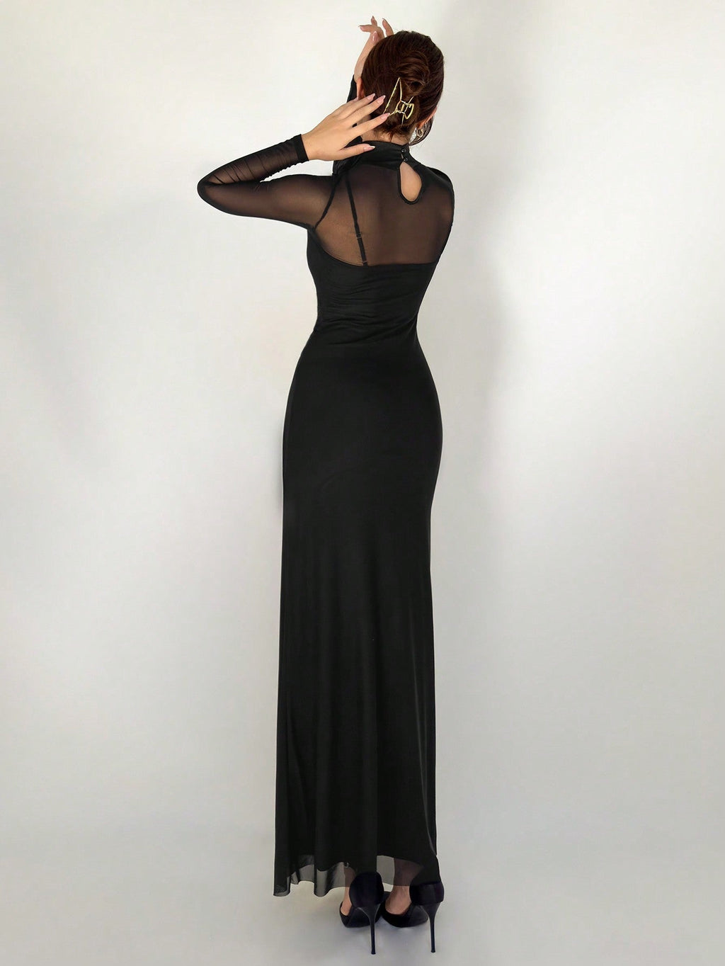 1pc Black Mesh Floral 3D Applique Long Sleeve Bodycon Dress For Women