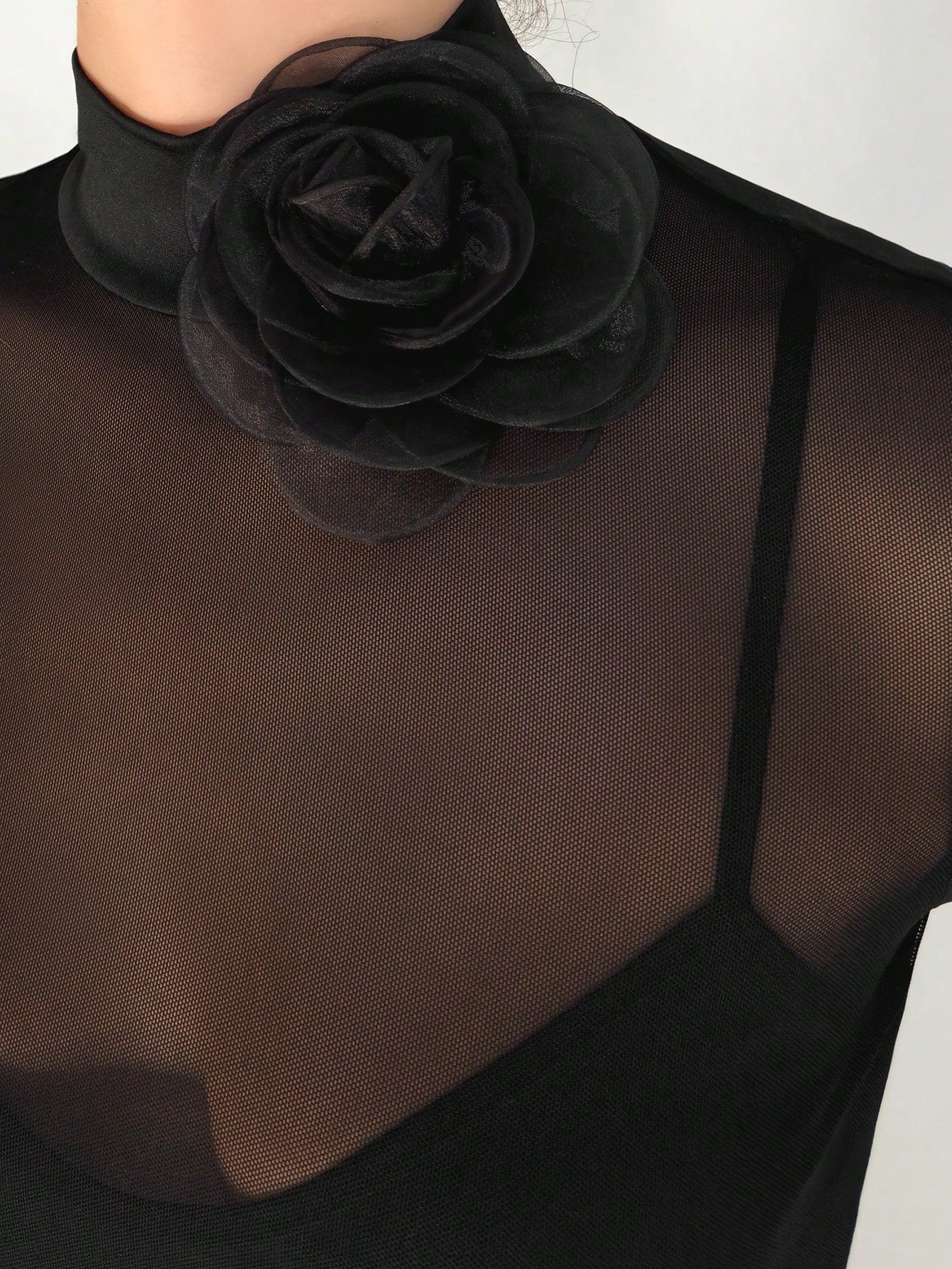 1pc Black Mesh Floral 3D Applique Long Sleeve Bodycon Dress For Women