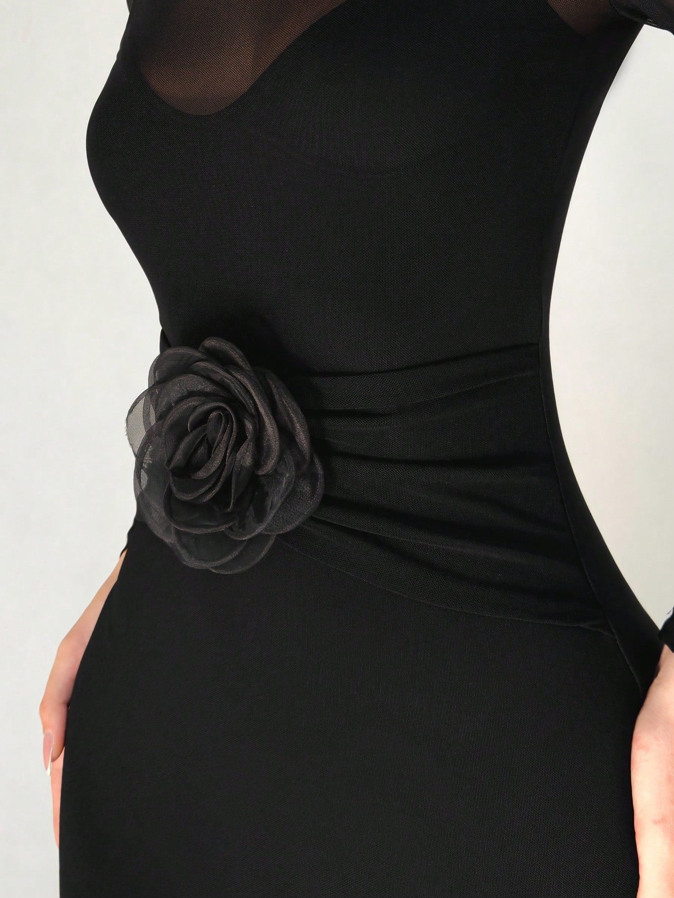 1pc Black Mesh Floral 3D Applique Long Sleeve Bodycon Dress For Women