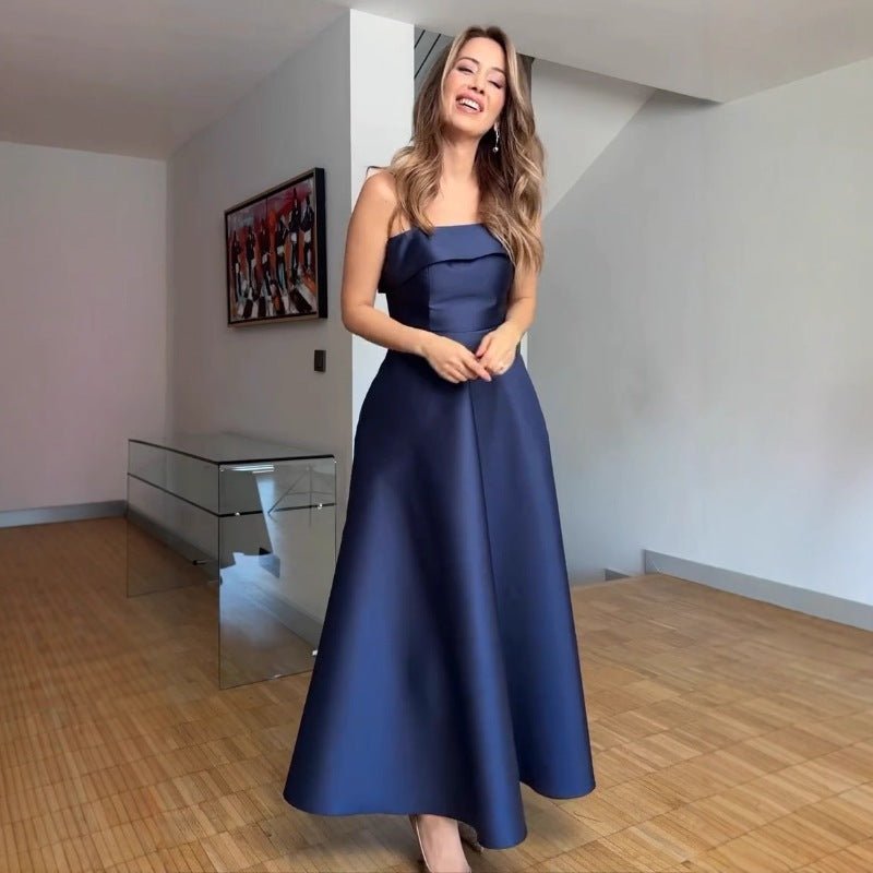 2025 summer new style sea blue deep noble and elegant sleeveless backless tube top dress