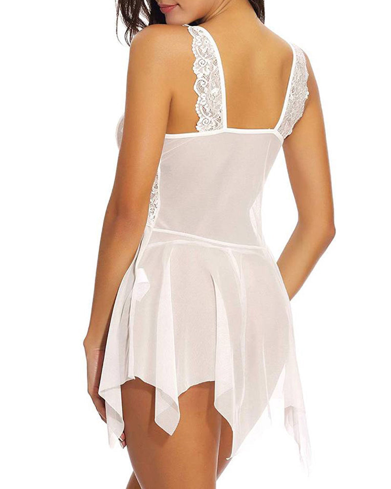 Sexy Deep V Lace Translucent Mesh Front Button Suspender Nightdress and Thong Set