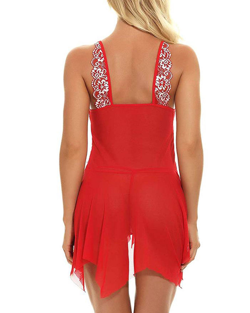 Sexy Deep V Lace Translucent Mesh Front Button Suspender Nightdress and Thong Set