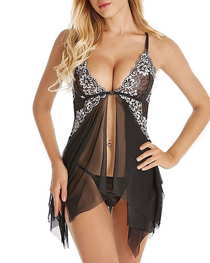 Sexy Deep V Lace Translucent Mesh Front Button Suspender Nightdress and Thong Set