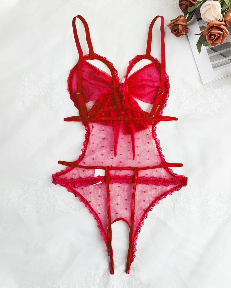 Sexy Floral Lace Bow Tie Open Crotch Hollow Polka Dot Mesh One-Piece Pajamas