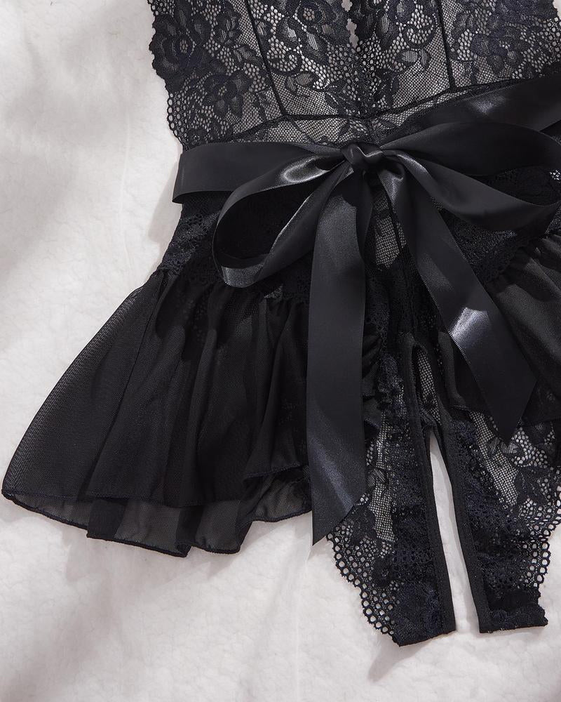 Women's Sexy Flower Lace Open Crotch Design Suspender Tight Backless Nightgown