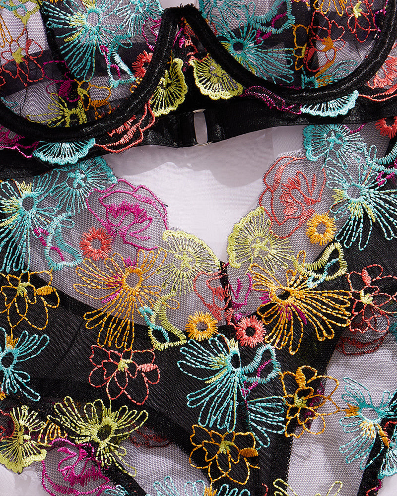Colorful Flower Embroidery Sexy Lace Underwire Gathered Mesh Bodysuit