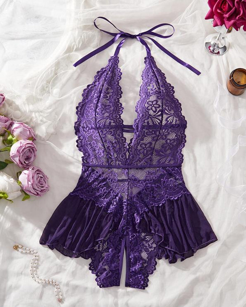 Sexy Hollow Lace See-through Suspenders Open Crotch One-piece Pajamas