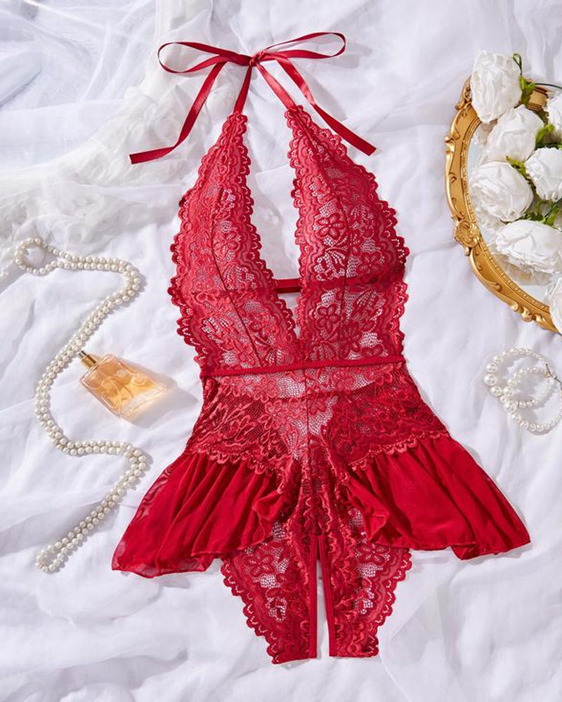 Sexy Hollow Lace See-through Suspenders Open Crotch One-piece Pajamas