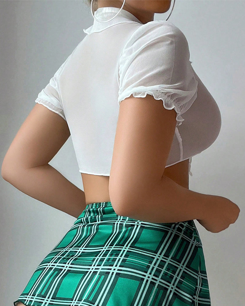 Sexy Uniform Top Plaid Slit Skirt Thong Fun Set