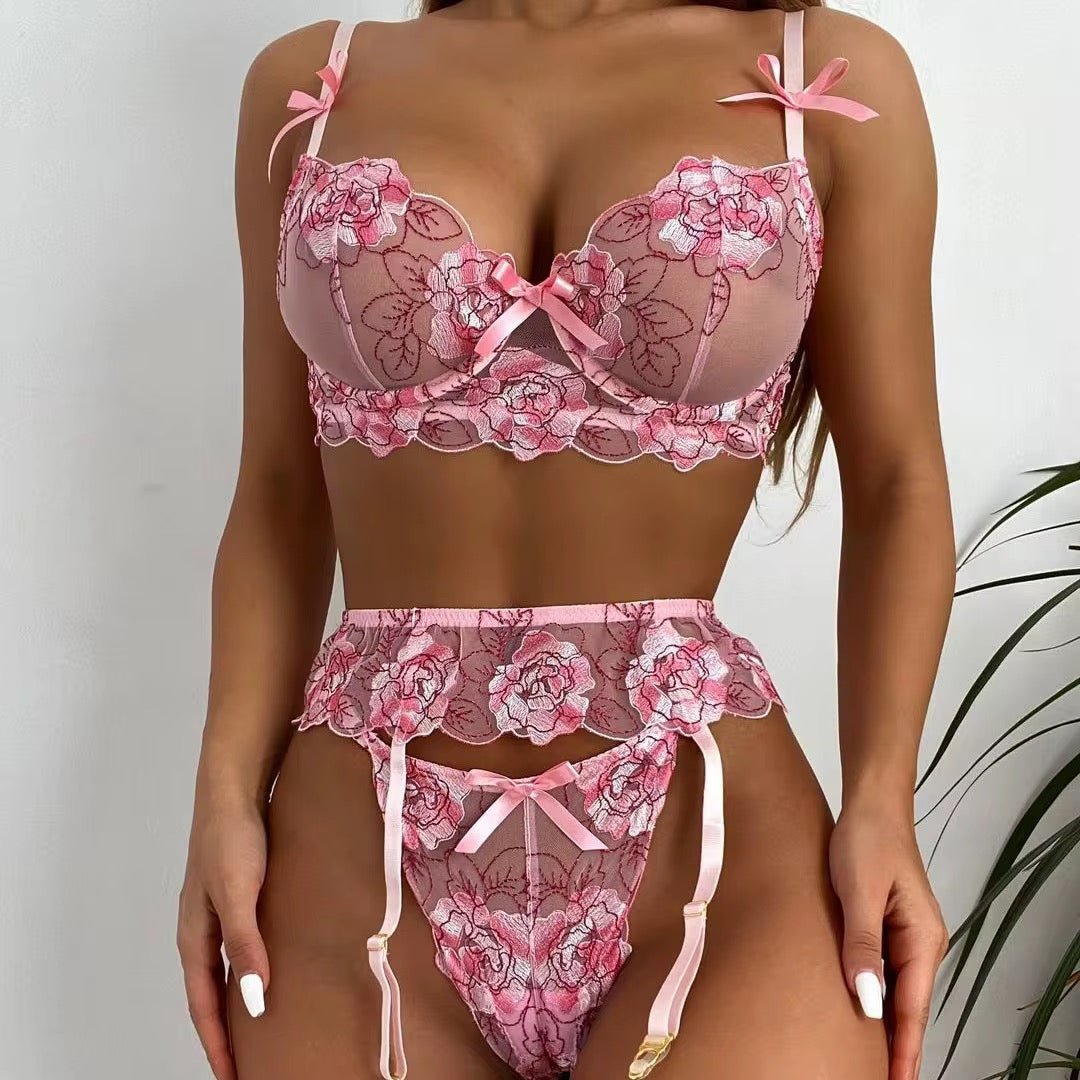 Sexy Baby Pink Embroidered Garter Set
