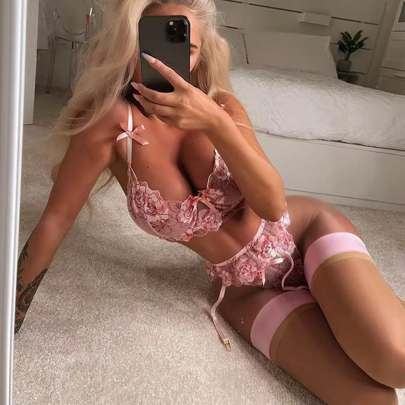 Sexy Baby Pink Embroidered Garter Set
