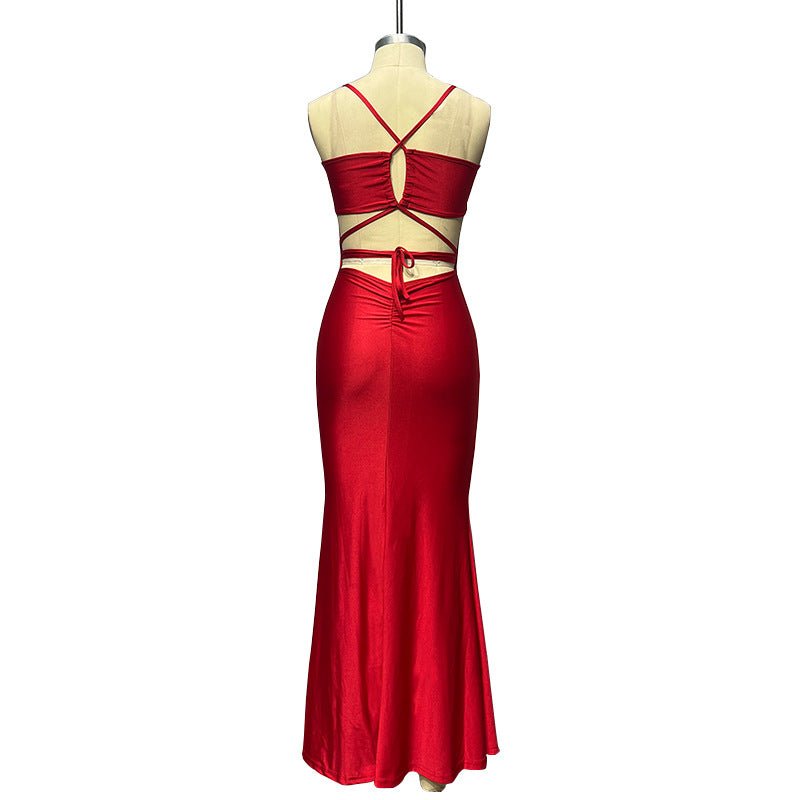 American spring new long dress backless lace-up chest wrap dress