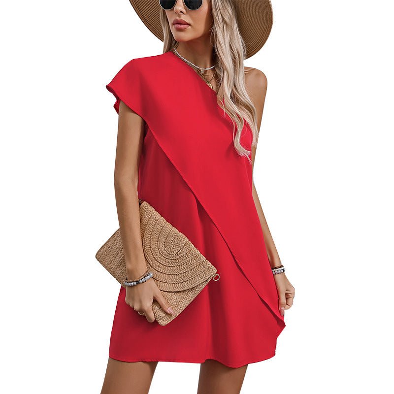 sexy fake two-piece off-shoulder dress summer vacation style sleeveless A-line midi Dress
