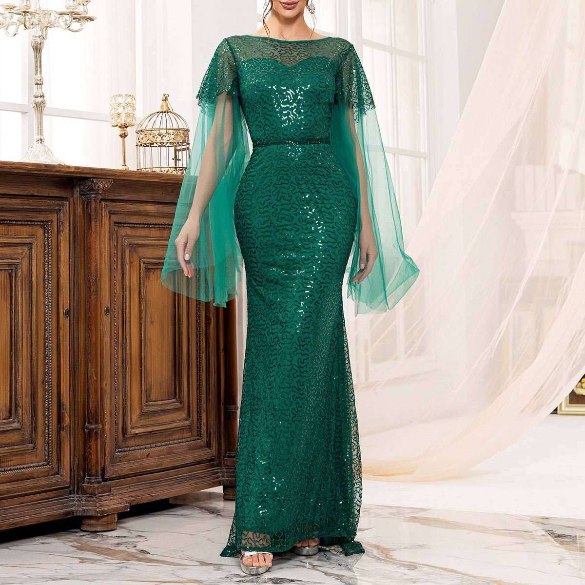 Backless green women's long-sleeved boat neck banquet sequined fishtail long evening dress