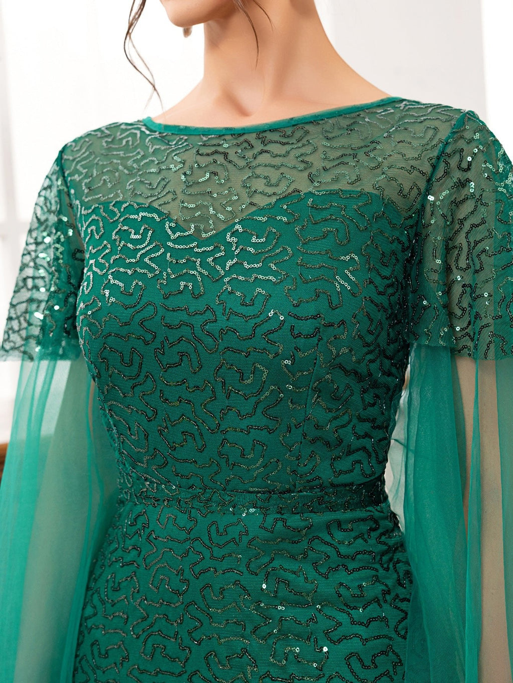 Backless green women's long-sleeved boat neck banquet sequined fishtail long evening dress