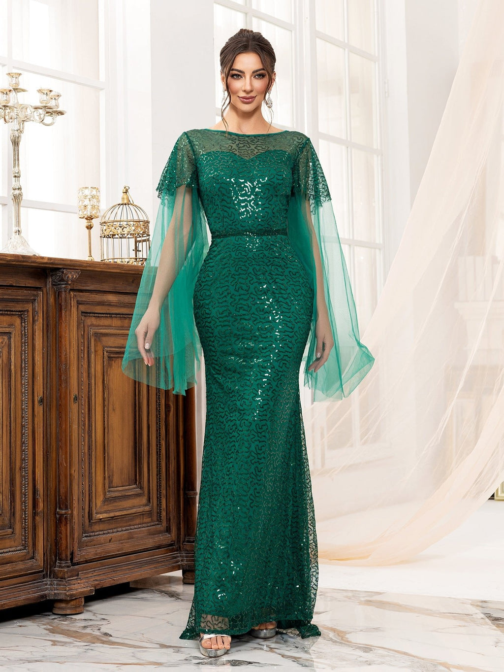 Backless green women's long-sleeved boat neck banquet sequined fishtail long evening dress