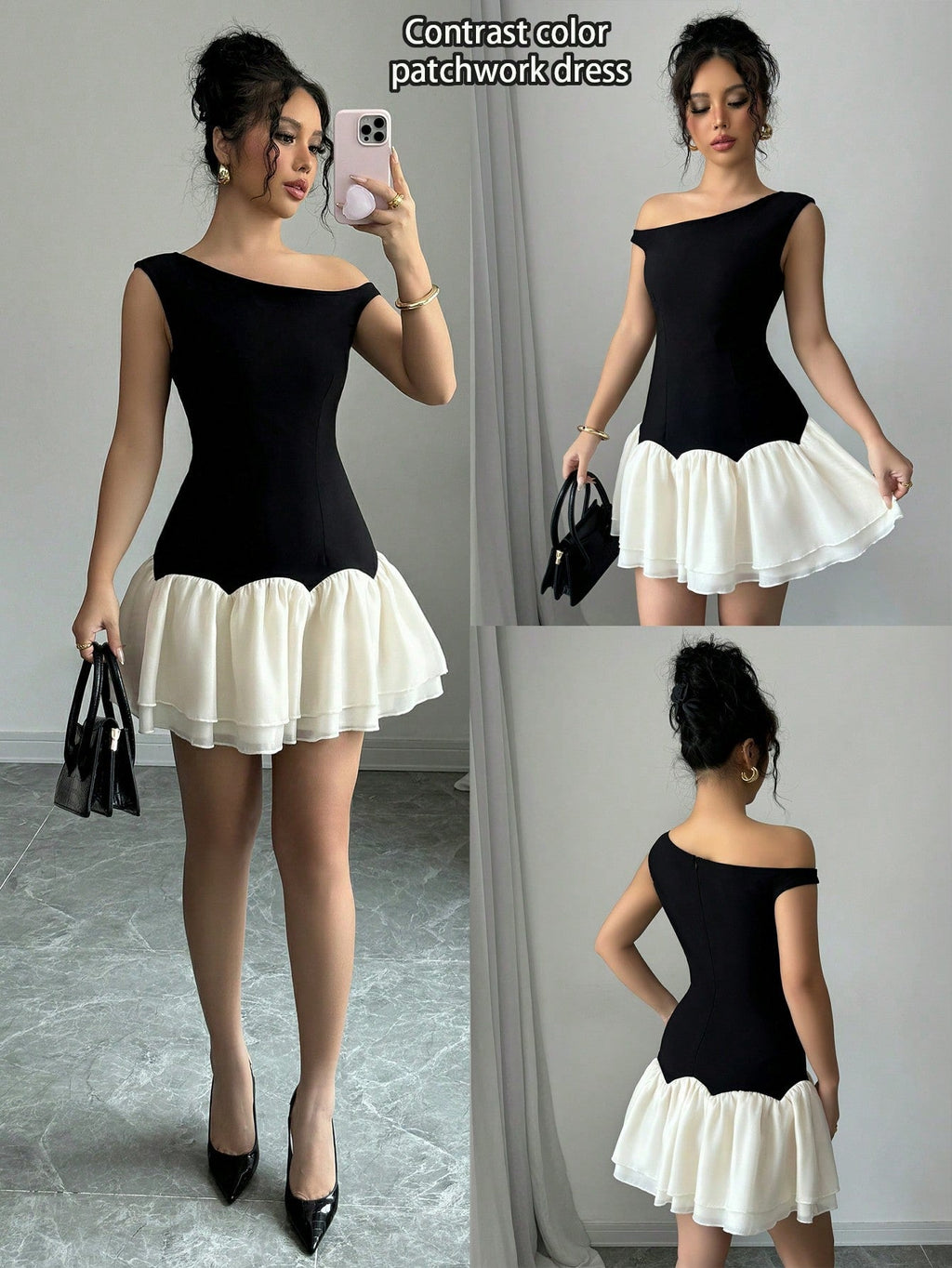 Dark And Light Color Block Woven Twill Splicing Organza Design Sleeveless Asymmetric Off-Shoulder New Women's Black Short Dress