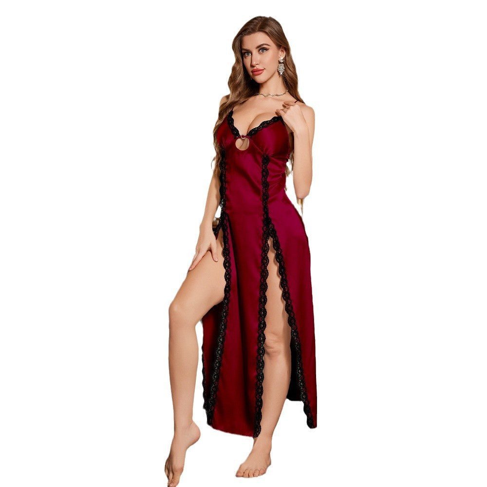Deluxe Midnight Series New European and AmericanPajamas Women's Ice Silk Sexy Suspender Split Long Dress SQ3542