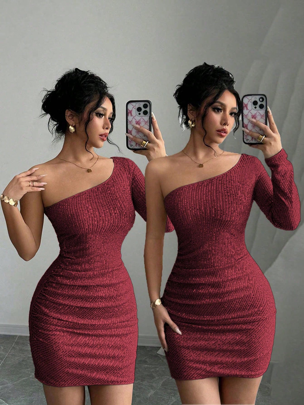 Elegant And Charming Asymmetrical Shoulder Sparkling Bodycon Dress For New Year Holiday Party Clothes Sequin Women Outfit