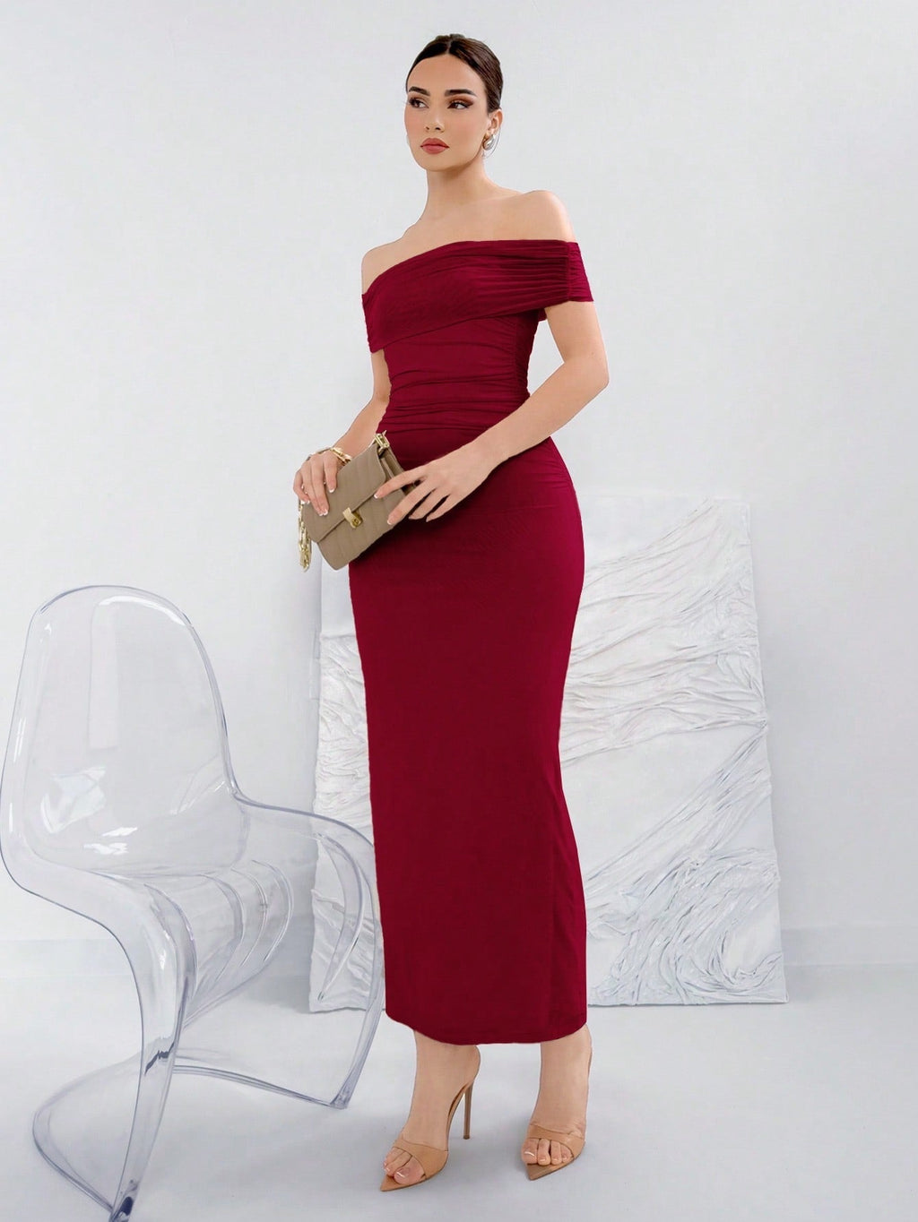 Elegant Ruched Off-Shoulder Bodycon Dress For Summer
