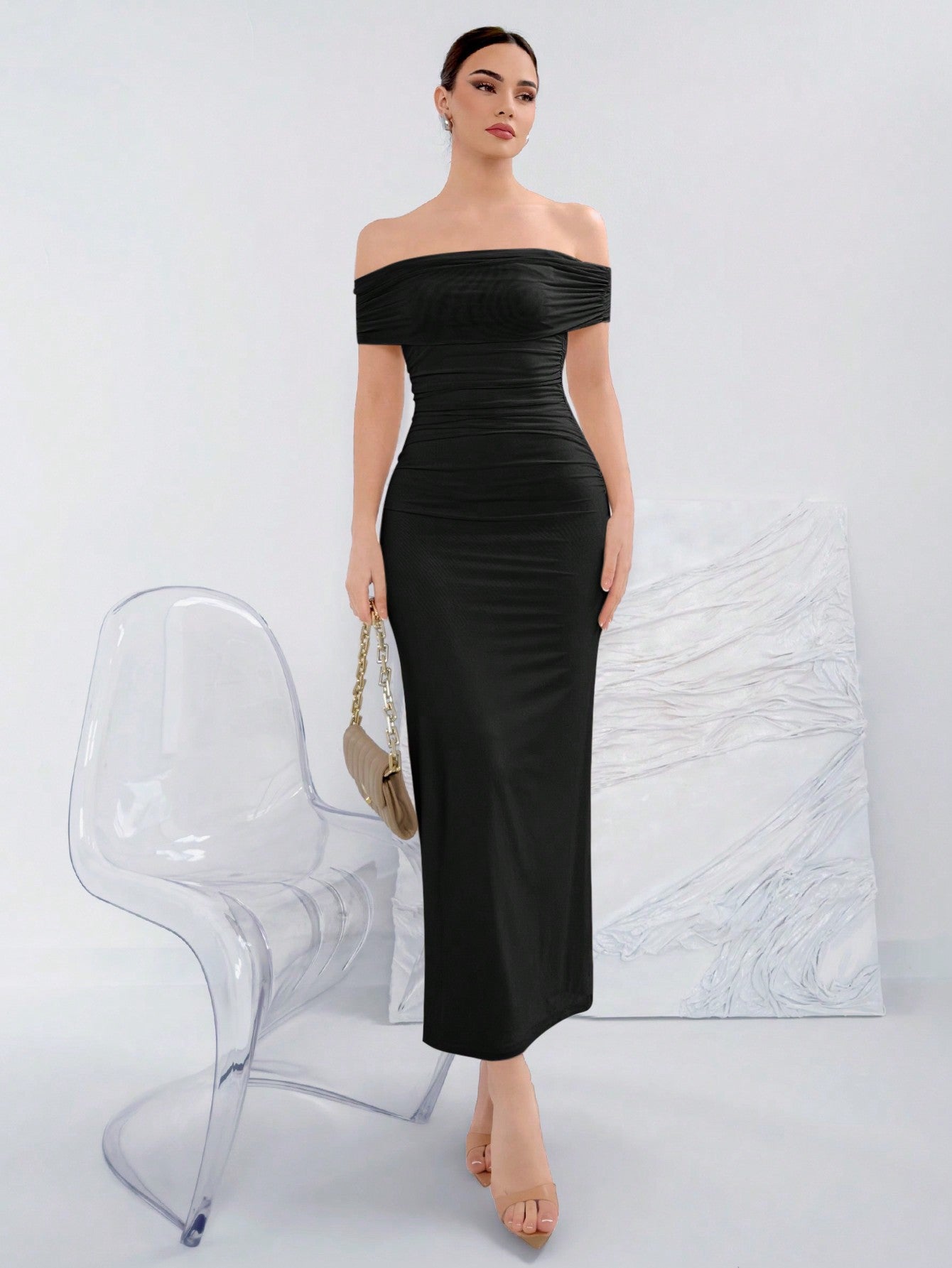 Elegant Ruched Off-Shoulder Bodycon Dress For Summer